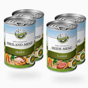 Starter-Paket Nassfutter mit Huhn und Lamm für Hunde - Getreidefrei - Freiland-Menü 2x400 g + Heide-Menü 2x400 g von Bellfor Hundefutter