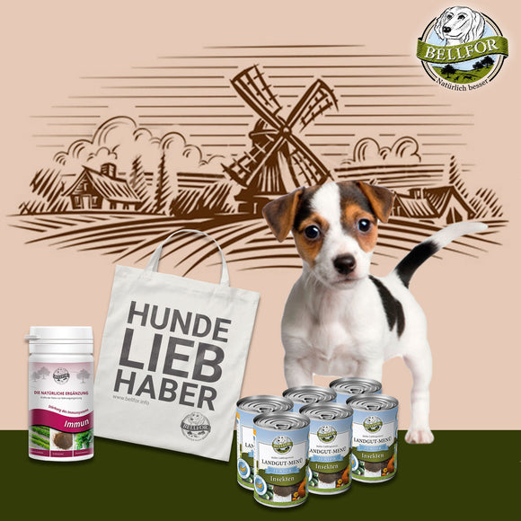 Welpenfutter im Sparset - Landgut-Menü Junior 6x400g + Immun Junior 50g + 1 Jutebeutel von Bellfor Hundefutter