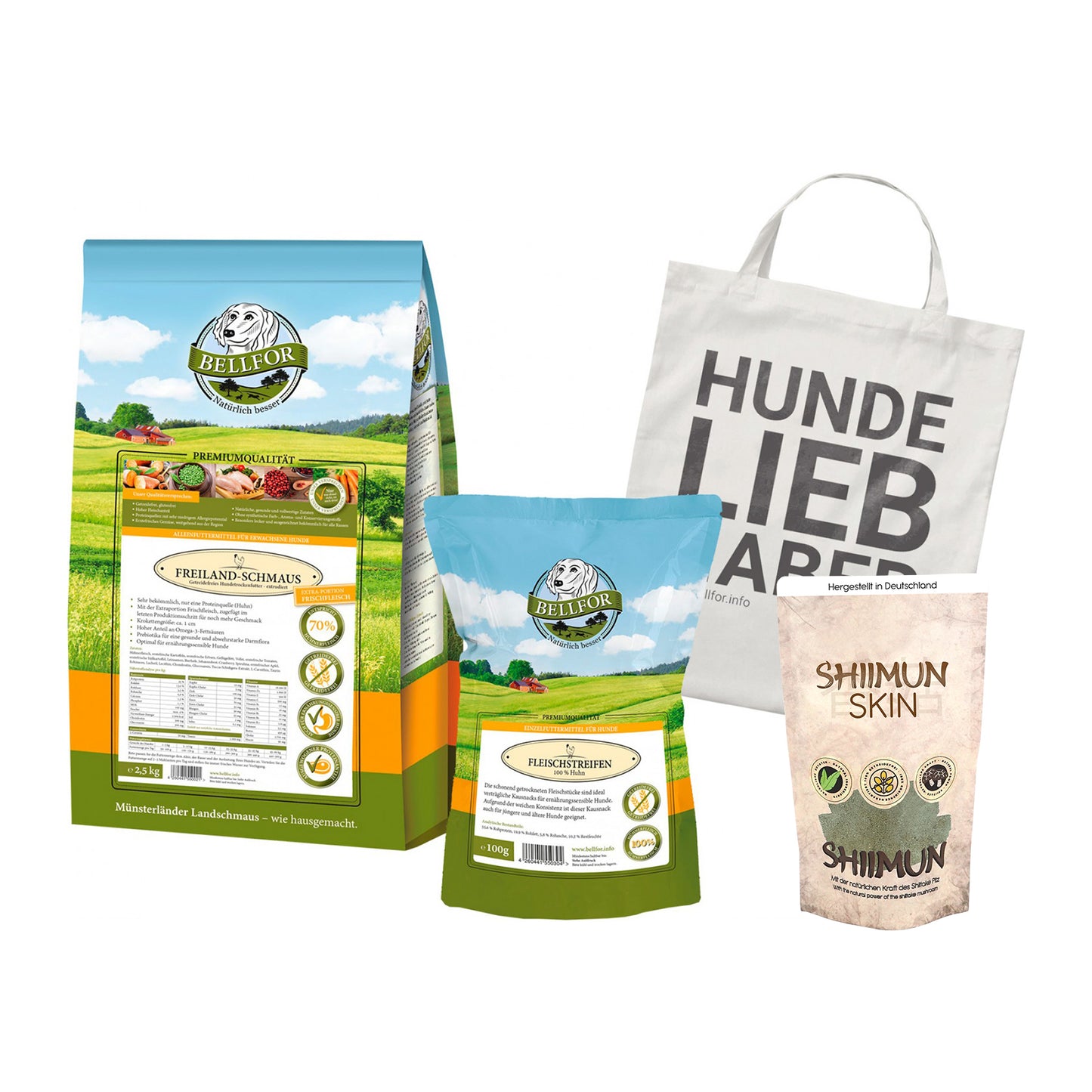 Cavalier Futter Set - Freiland-Schmaus 2500 g + Shiimun Skin 50 g + Fleischstreifen Huhn 100 g + 1 Jutebeutel