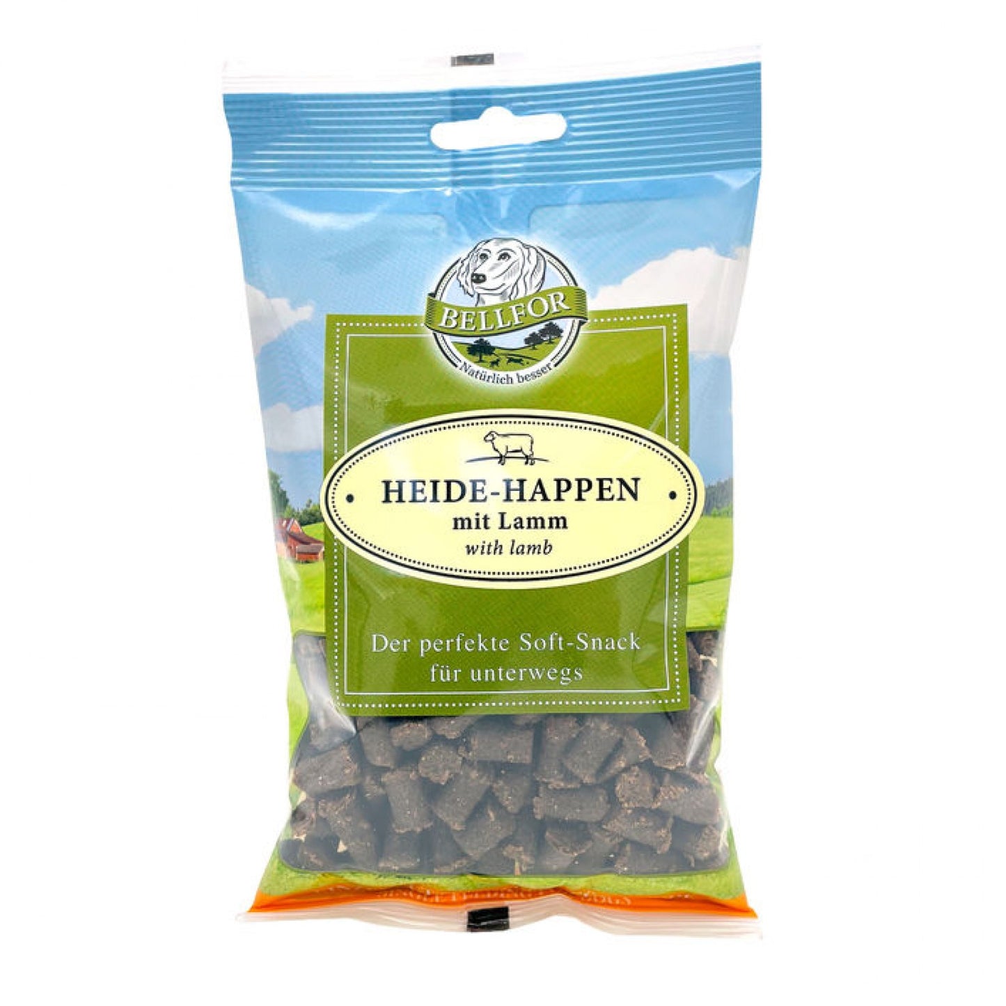 Mix 4 Soft-snacks für Hunde - Freiland-Happen mit Huhn 200 g + Heide-Happen mit Lamm 200 g + Wildbach-Happen mit Lachs 200 g + Landgut-Happen mit Insekten 200 g von Bellfor Hundefutter