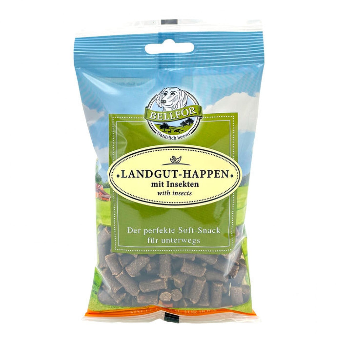 Mix 4 Soft-snacks für Hunde - Freiland-Happen mit Huhn 200 g + Heide-Happen mit Lamm 200 g + Wildbach-Happen mit Lachs 200 g + Landgut-Happen mit Insekten 200 g von Bellfor Hundefutter