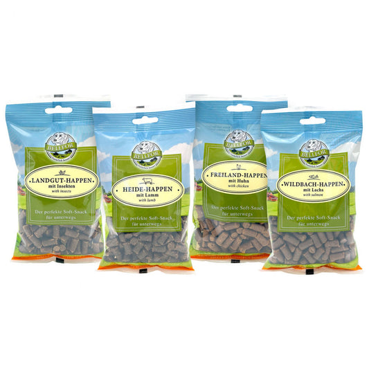 Mix 4 Soft-snacks für Hunde - Freiland-Happen mit Huhn 200 g + Heide-Happen mit Lamm 200 g + Wildbach-Happen mit Lachs 200 g + Landgut-Happen mit Insekten 200 g von Bellfor Hundefutter