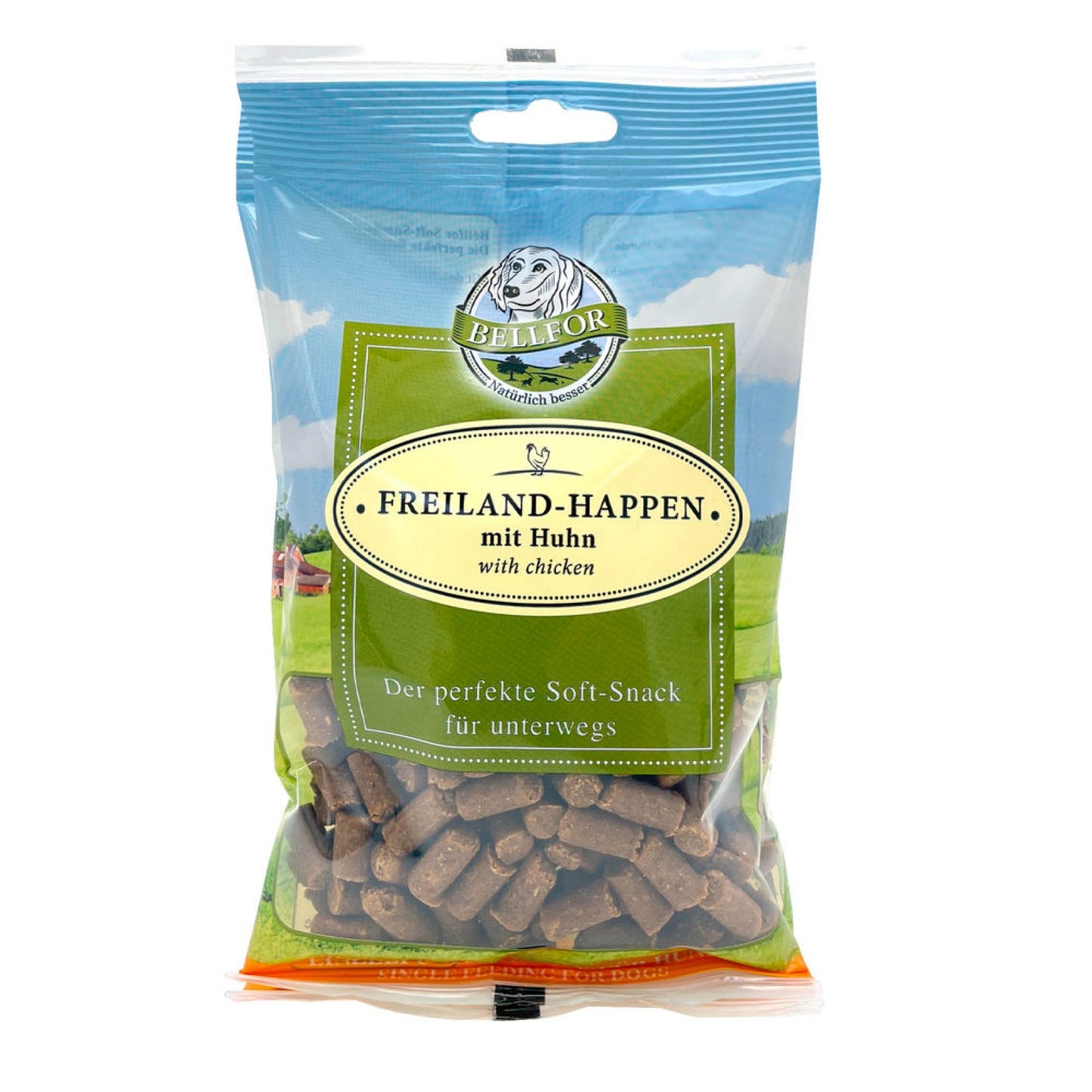 Mix 4 Soft-snacks für Hunde - Freiland-Happen mit Huhn 200 g + Heide-Happen mit Lamm 200 g + Wildbach-Happen mit Lachs 200 g + Landgut-Happen mit Insekten 200 g von Bellfor Hundefutter