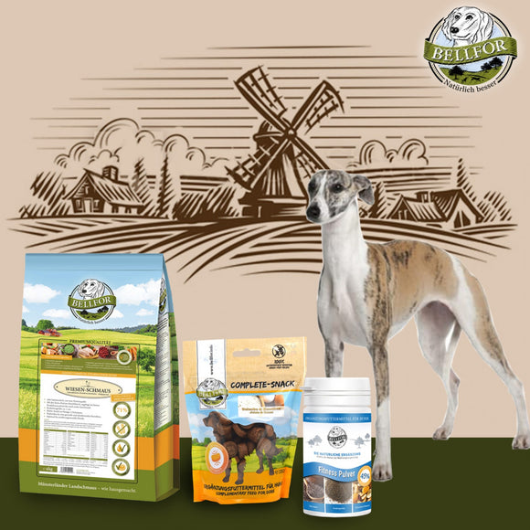 Futterset für Windhunde - Wiesen-Schmaus 4 kg + Gelenke & Knochen Complete-Snack 150g + Fitness Pulver 80g von Bellfor Hundefutter