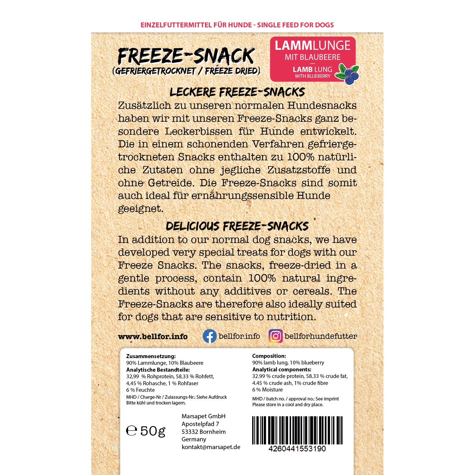 Gesunder Freeze-Snack für Hunde - Lammlunge mit Blaubeere (gefriergetrocknet) von Bellfor Hundefutter - 50g