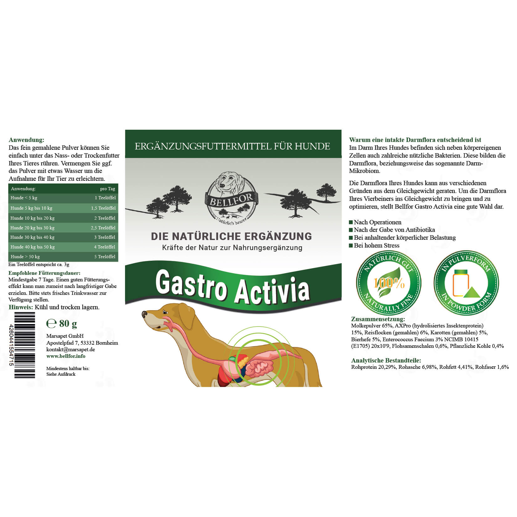 Gastro Activia Pulver von Bellfor Hundefutter - 80g