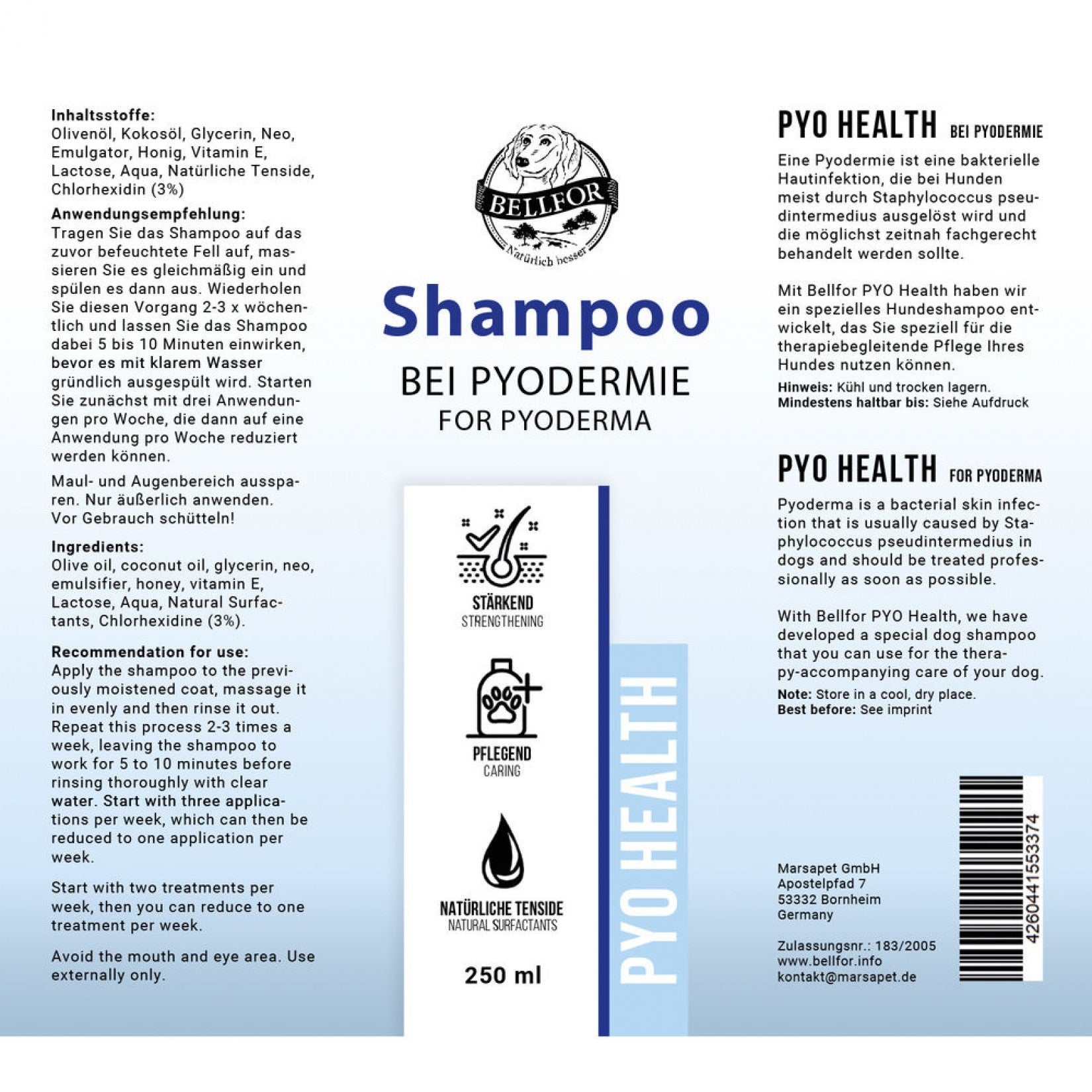 Hundeshampoo Pyo-Health - für Hunde mit bakteriellen Hautinfektionen von Bellfor Hundefutter - 250ml